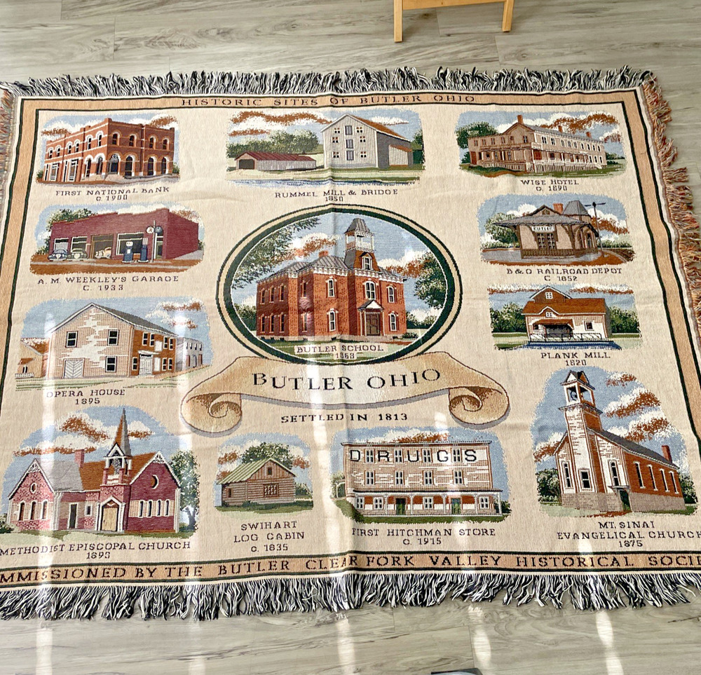 Historic Site Butler Ohio Woven Tapestry Throw Blanket Fringed 68" x 51"